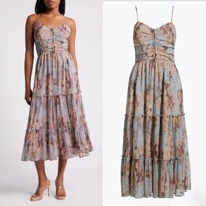 NEW CHELSEA28 Metallic GREY FLORAL Ruched RUFFLE Tiered A-LINE Midi DRESS S